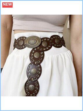Faux Leather Wide Corset Belt Eyelet Rivet Disc Concho Waist Belt